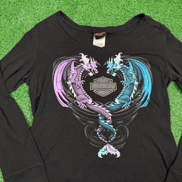 Harley-Davidson twin dragon long sleeve graphic tee with rhinestones - Picture 3 of 5